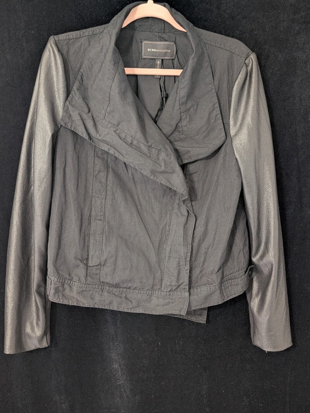 BCBGMAXAZRIA Black Draped Moto Jacket Faux Leather Sleeves L NWOT